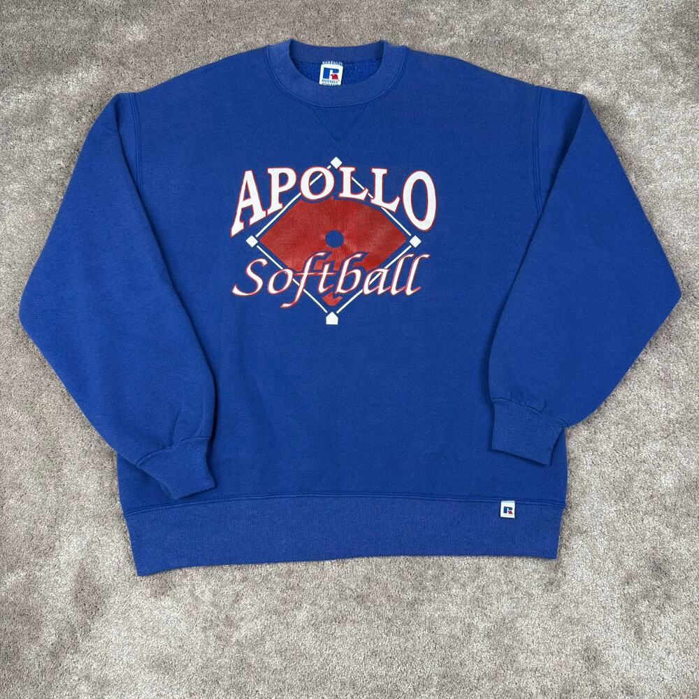 Russell Athletic Vintage Apollo Softball Crewneck Sweatshirt Size XL Blue USA